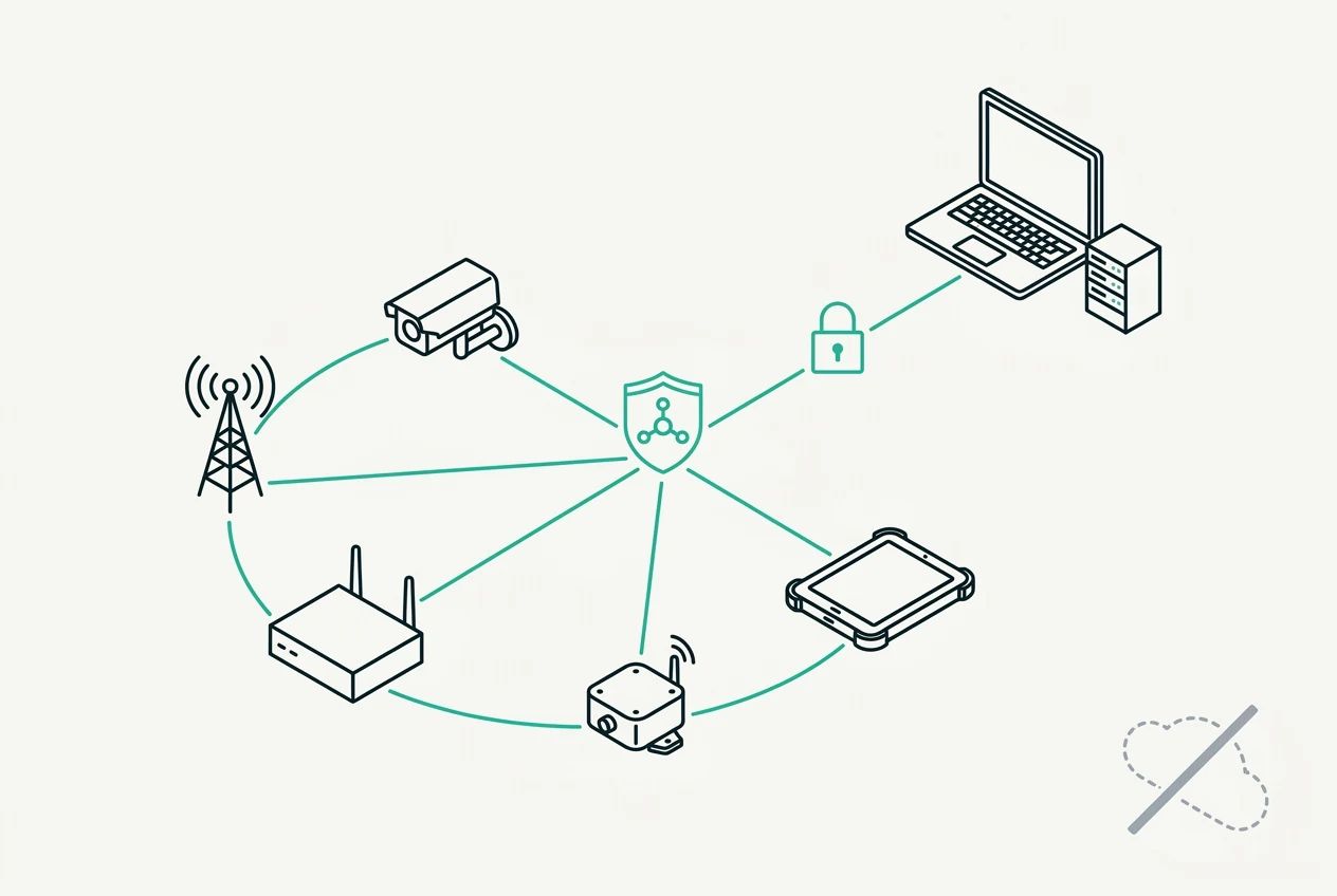 Diagram showing a group of cellular devices communicating with each other through a private APN hub, with a secure VPN connection tapping in remotely for direct server access